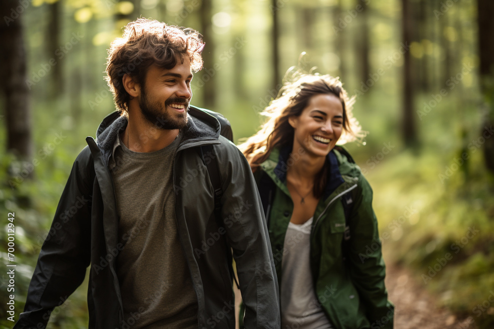 a couple hiking together in the forest bokeh style background a couple hiking together in the forest bokeh style background