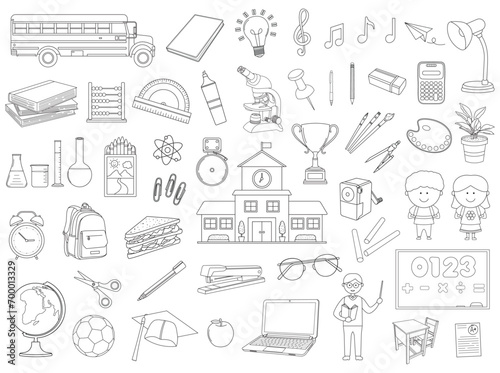 Hand drawn A collection of school icons presented in a flat style, showcasing colorful elements related to education. features isolated vector icons depicting various school items, including books