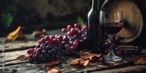 A Sophisticated Background of Lush Grapes with a Vintage Wine Bottle and Glass set against Rustic Wooden Table and Moody Lighting - Food Backdrop for Advertising created with Generative AI Technology