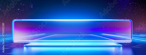 futuristic 3D hologram display in neon blue and purple hues with abstract light patterns and a sleek, modern design, against a dark, particle-infused background