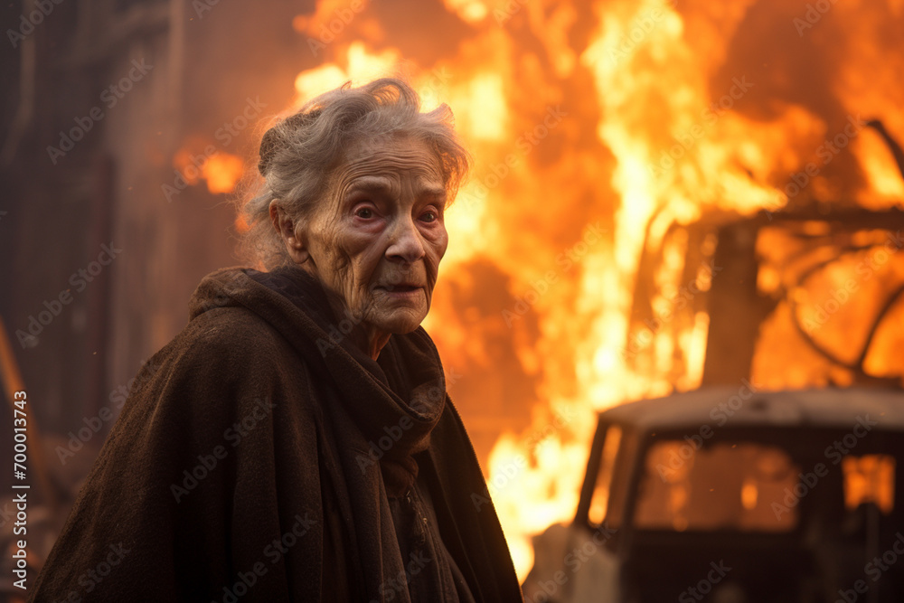an old woman standing in front of a burning building bokeh style background