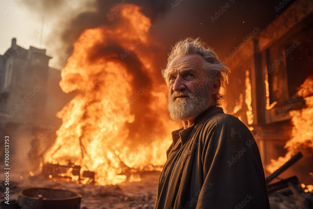 an old man standing in front of a burning building bokeh style background an old man standing in front of a burning building bokeh style background