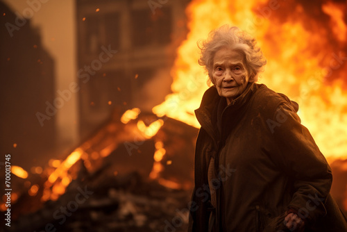 an old woman standing in front of a burning building bokeh style background