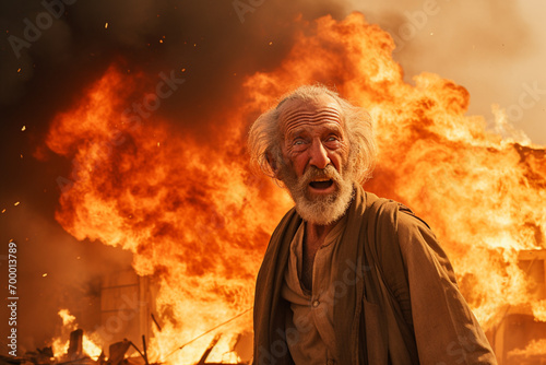 an old man standing in front of a burning building bokeh style background