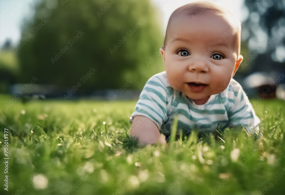 Sorrisi Primaverili- Bimbo Felice di Sette Mesi a Pancia in Giù sull'erba Sorrisi Primaverili- Bimbo Felice di Sette Mesi a Pancia in Giù sull'erba