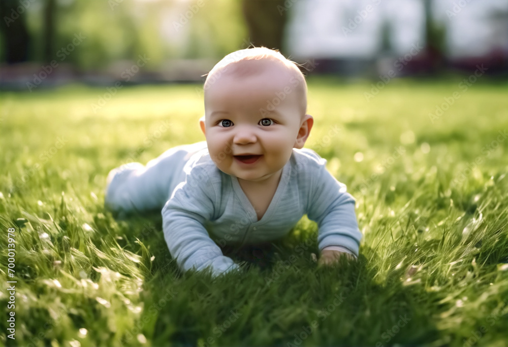 Gioia Infinita- Bambino di Sette Mesi Felice a Pancia in Giù sull'erba Primaverile Gioia Infinita- Bambino di Sette Mesi Felice a Pancia in Giù sull'erba Primaverile