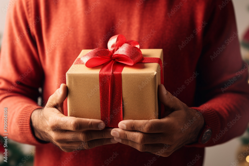 close up of a man hands holding red gift box bokeh style background