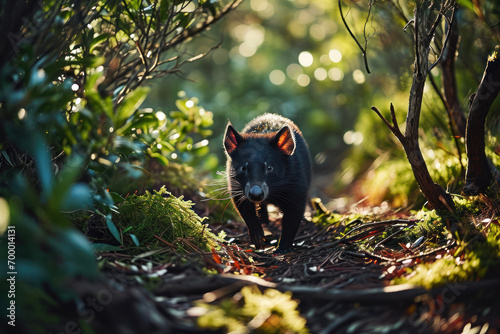 Photograph of a Tasmanian devil foraging in the underbrush of Tasmania s wilderness  captured in the early morning light