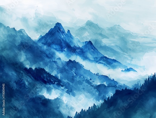 Mountain landscape. Mountain peaks and forest. Blue watercolor background. Generative AI