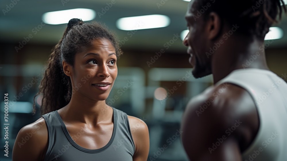 Junge sportliche Frau im Fitnesscenter unterhält sich mit einem anderen Sportler