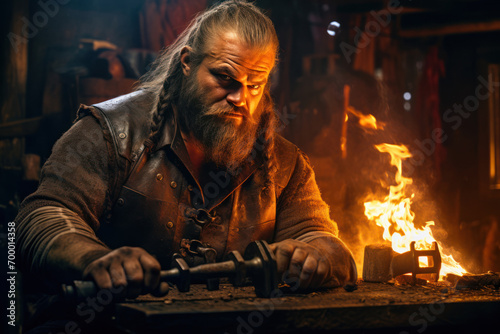  Portrait of a Viking blacksmith, a burly man in his early 40s, alone in his forge, hammer in hand. The setting is a smoky, dimly-lit space, with sparks illuminating his focused, rugged face