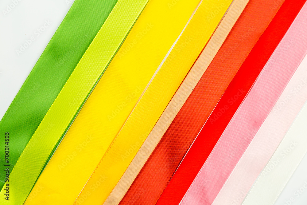 Rainbow ribbons. Flat lay. Multicolored tapes. Rainbow-colored adhesive ...