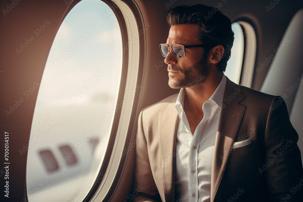 a businessman looking through plane window bokeh style background a businessman looking through plane window bokeh style background