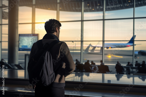 a male passenger standing at the airport bokeh style background