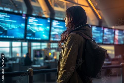a female passenger standing at the airport bokeh style background