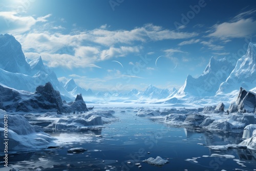 Subtle Panoramic Arctic Landscape with Icy Pastel Tints, isolated on Frosty Blue background, Generative AI