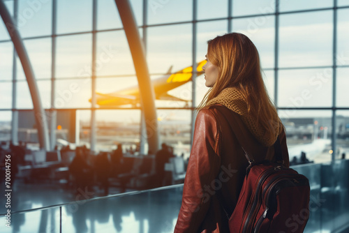 a female passenger standing at the airport bokeh style background © toonsteb
