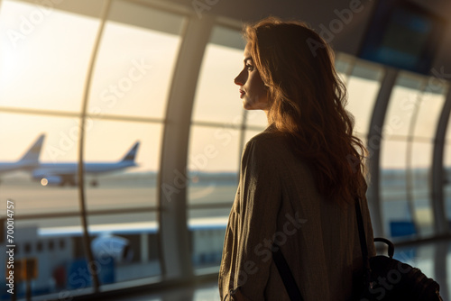 a female passenger standing at the airport bokeh style background