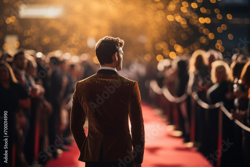 a male celebrity walking the red carpet bokeh style background photo