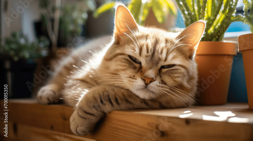 domestic British shorthair golden cat lying on wooden desk in cozy living room at home near potted plant  © Halim Karya Art