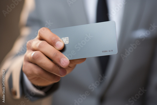close up of businessman hands holding a credit card bokeh style background