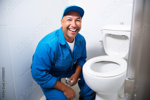 male plumber smiling in the toilet bokeh style background photo