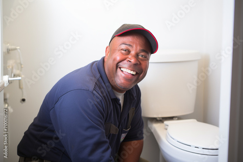 african american plumber smiling in the toilet bokeh style background