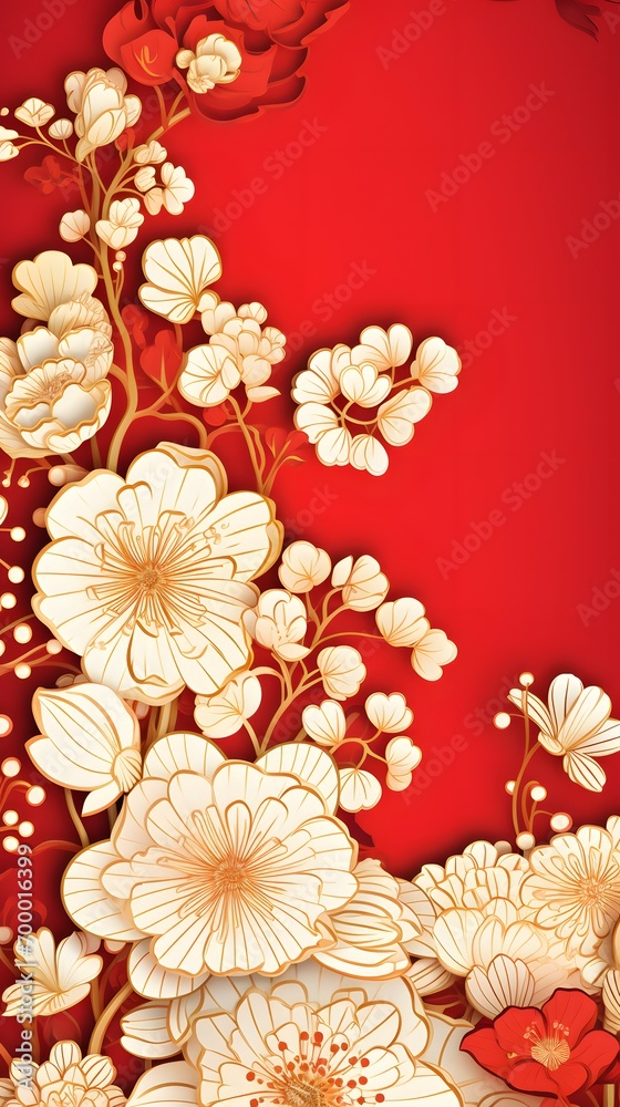 Obraz premium Elegant Chinese Floral Paper Art on Red Background