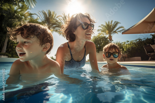 a family playing the water together in the backyard bokeh style background photo