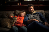 family and cat sitting in living room bokeh style background