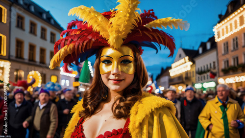 Faschingsumzug in Deutschland . Carneval . Frau in Kostüm . KI Generated