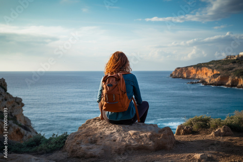 female backpacker sitting on the cliff in front of the sea