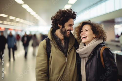 happy couple at the airport bokeh style background photo