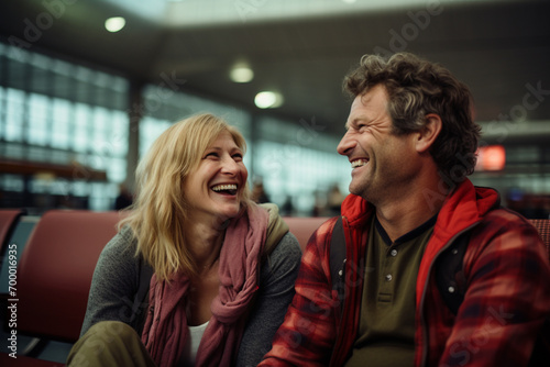 happy couple at the airport bokeh style background