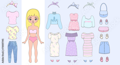 Paper doll clothes. Cute girl clothes. Set, collection. Fashion doll. Cutouts. Dress up. Vector illustration. Game, toy, play. Baby doll with dress, jeans, t shirt, accessories