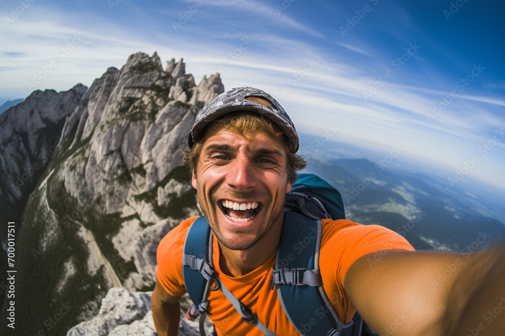 male hiker taking selfie on the mountain