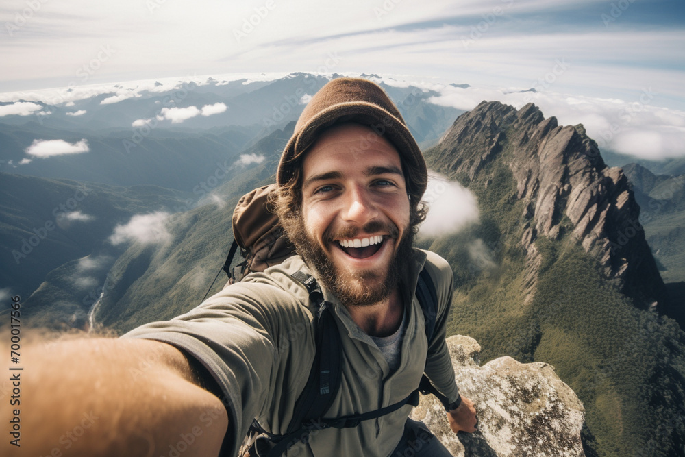 male hiker taking selfie on the mountain