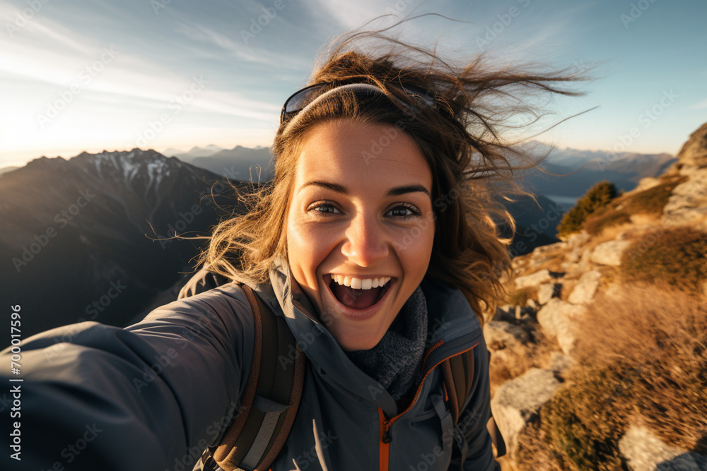 female hiker taking selfie on the mountain female hiker taking selfie on the mountain