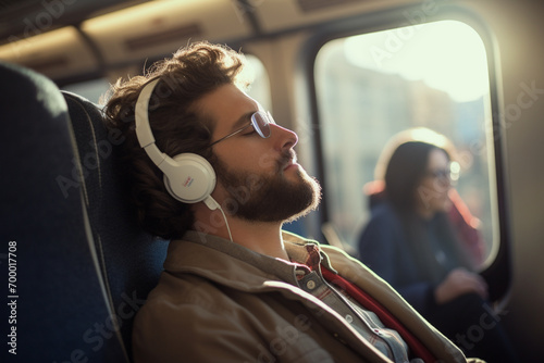 male passenger wearing headphones on the train bokeh style background photo