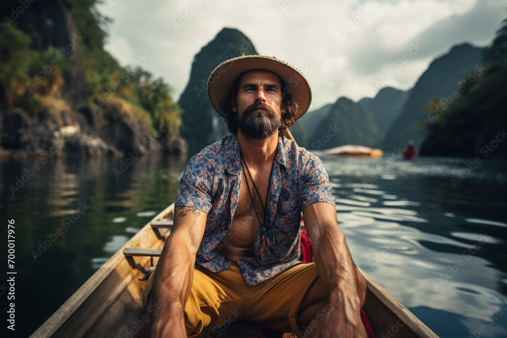 man sitting on a boat with mountain landscape