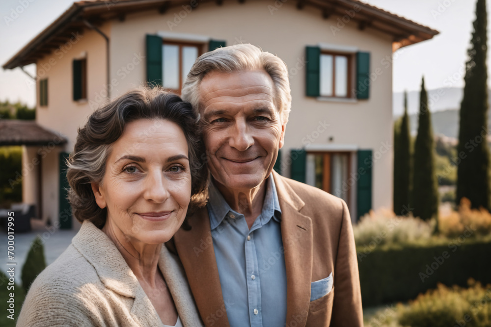 old italian couple standing in front of modern detached italian house, italy, eco-friendly house, eco house, beautiful garden, buying new house, real estate, mortgage loan - obrazy, fototapety, plakaty 