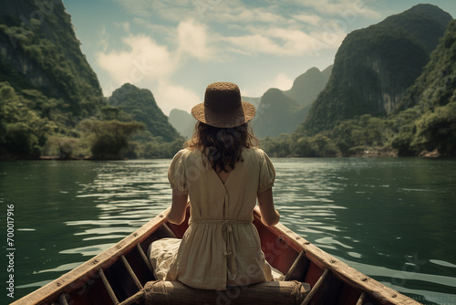 a woman sitting on a boat with mountain landscape bokeh style background © toonsteb