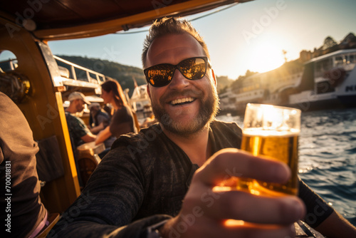 happy man holding a beer on the boat bokeh style background