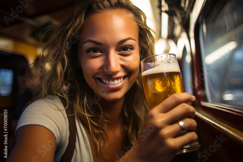 happy woman holding a beer on the boat bokeh style background © toonsteb