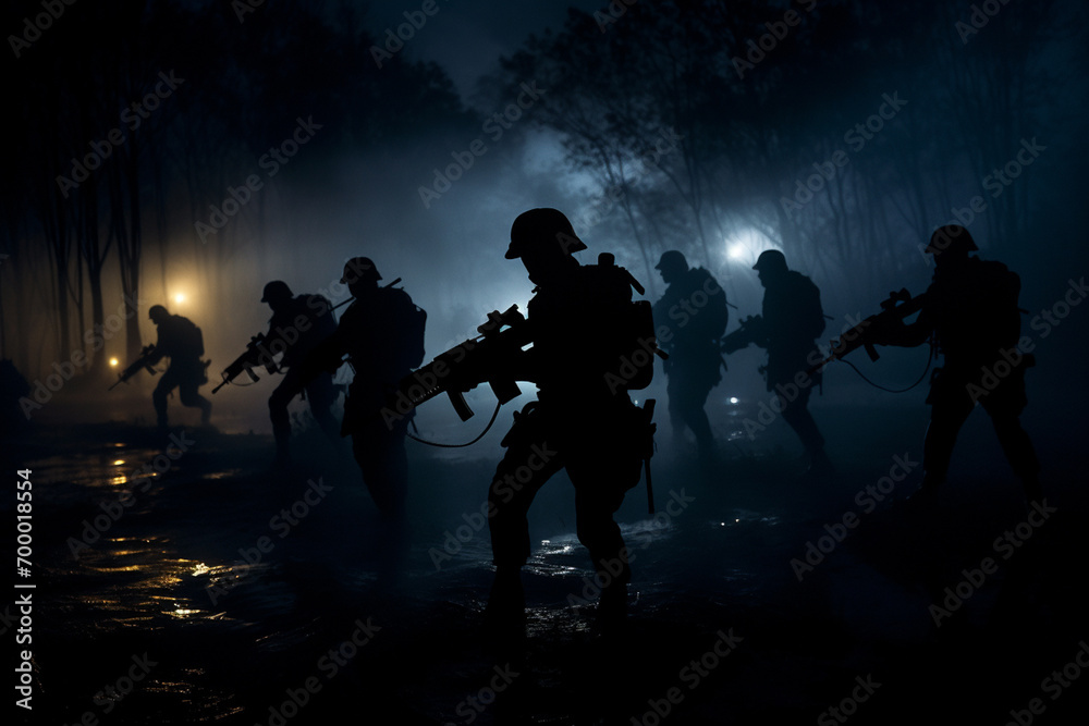 silhouette of military working at the night