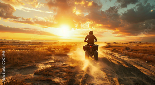 Racing quad bike on the sand in the rays of the setting sun