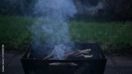 Smoke and wood, burning firewood in fire pit without flames in slow motion photo