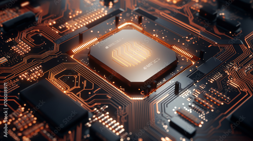 Fototapeta premium Close up representation of a quantum processor chip with lights around it 