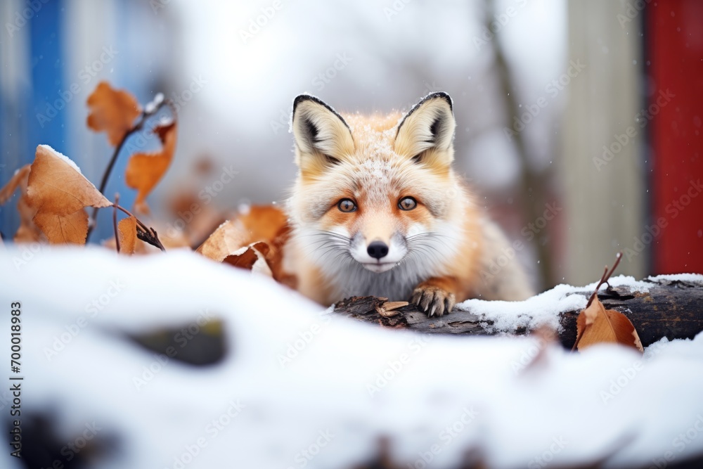 Obraz premium fox camouflaged among snow and fallen logs