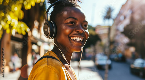 Portrait of a young african woman listening to music with headphones in the city © © Ai Factory